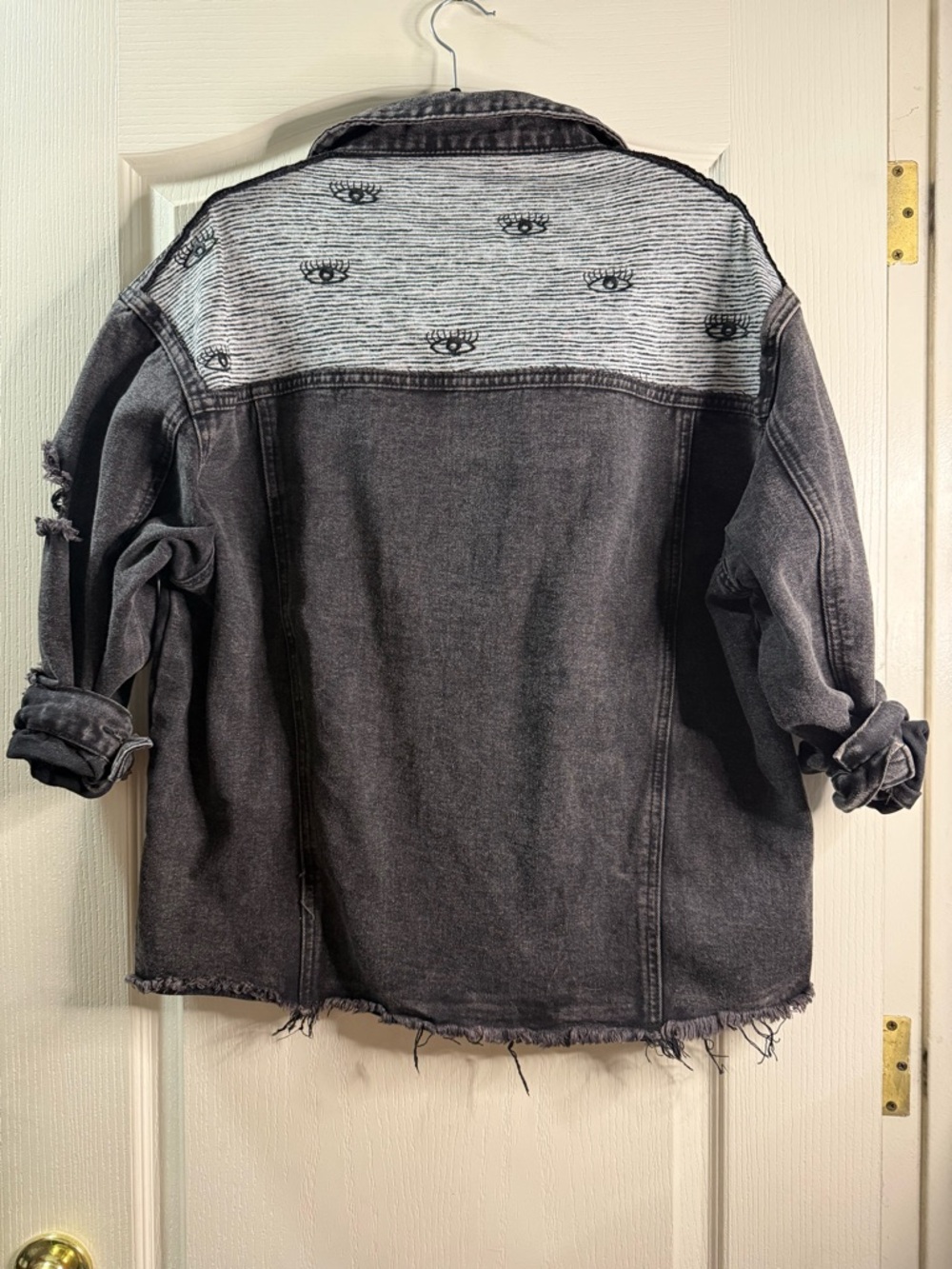 Custom Black Distressed Denim Jacket with Eye Print - Upcycle
